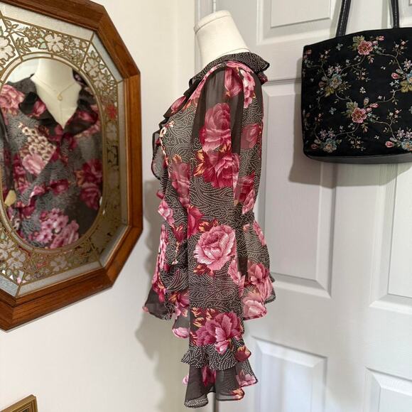 VTG 90s Lew Magram Dark Brown Sheer Mesh & Pink Floral Polka Dot Wrap Top - Picture 4 of 8
